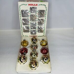 Lot Of 10 Vintage Holly Christmas Tree Ornaments Stencil Glitter in box